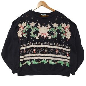 Christmas Sweatshirt Womens Holiday Vtg 90s Poinsettia Wreath Stockings Size 1X